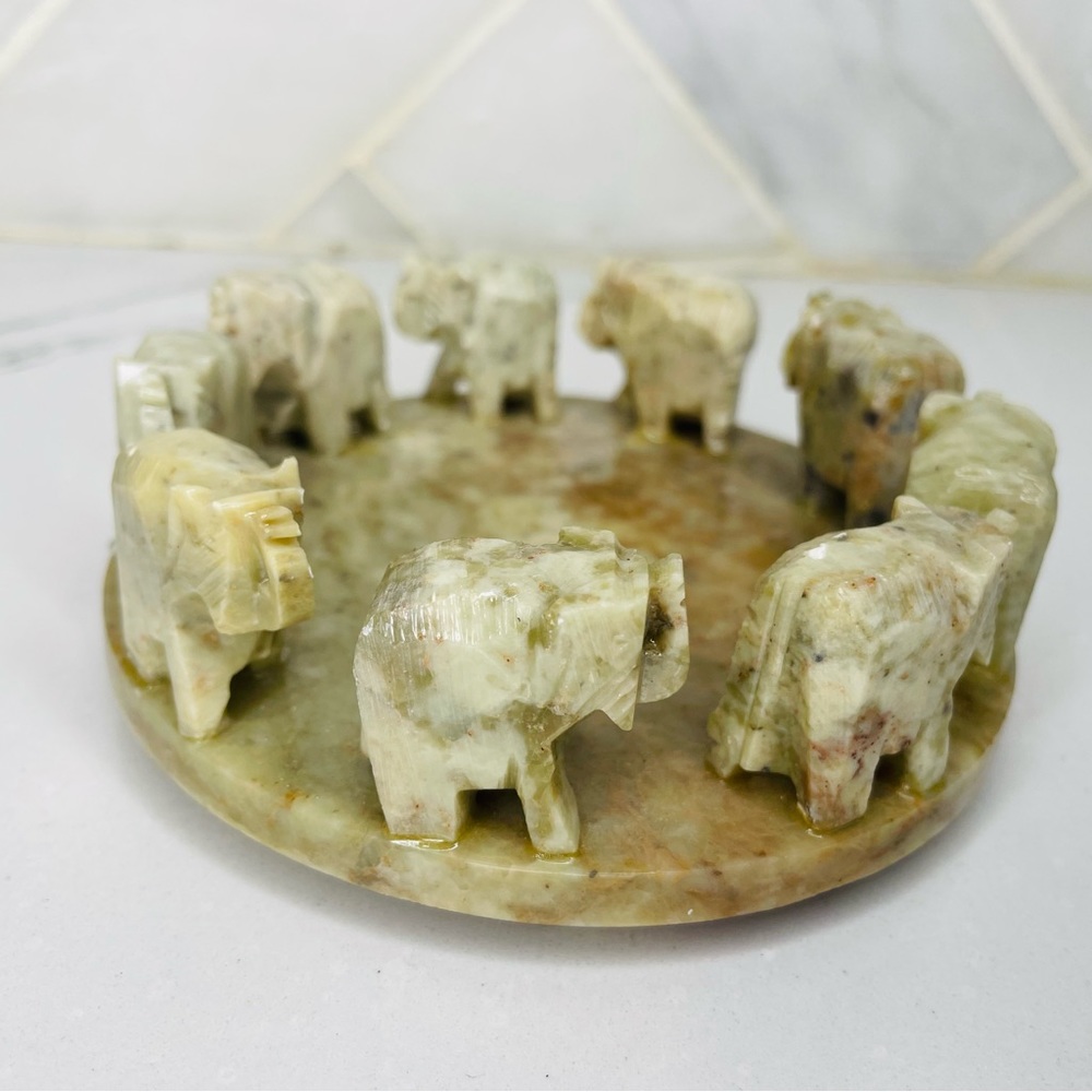 Hand carved marble 9 elephant circle candle holder incents  base decorations